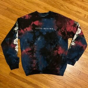 CIVIL REGIME Navy/Scarlet TyeDye Sweatshirt Unisex L Large LG NWOT w/Roses Emb